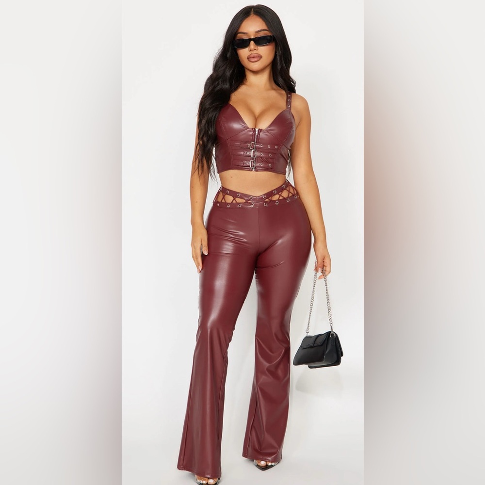 Fashion Nova Maroon Faux Leather Flare Pants